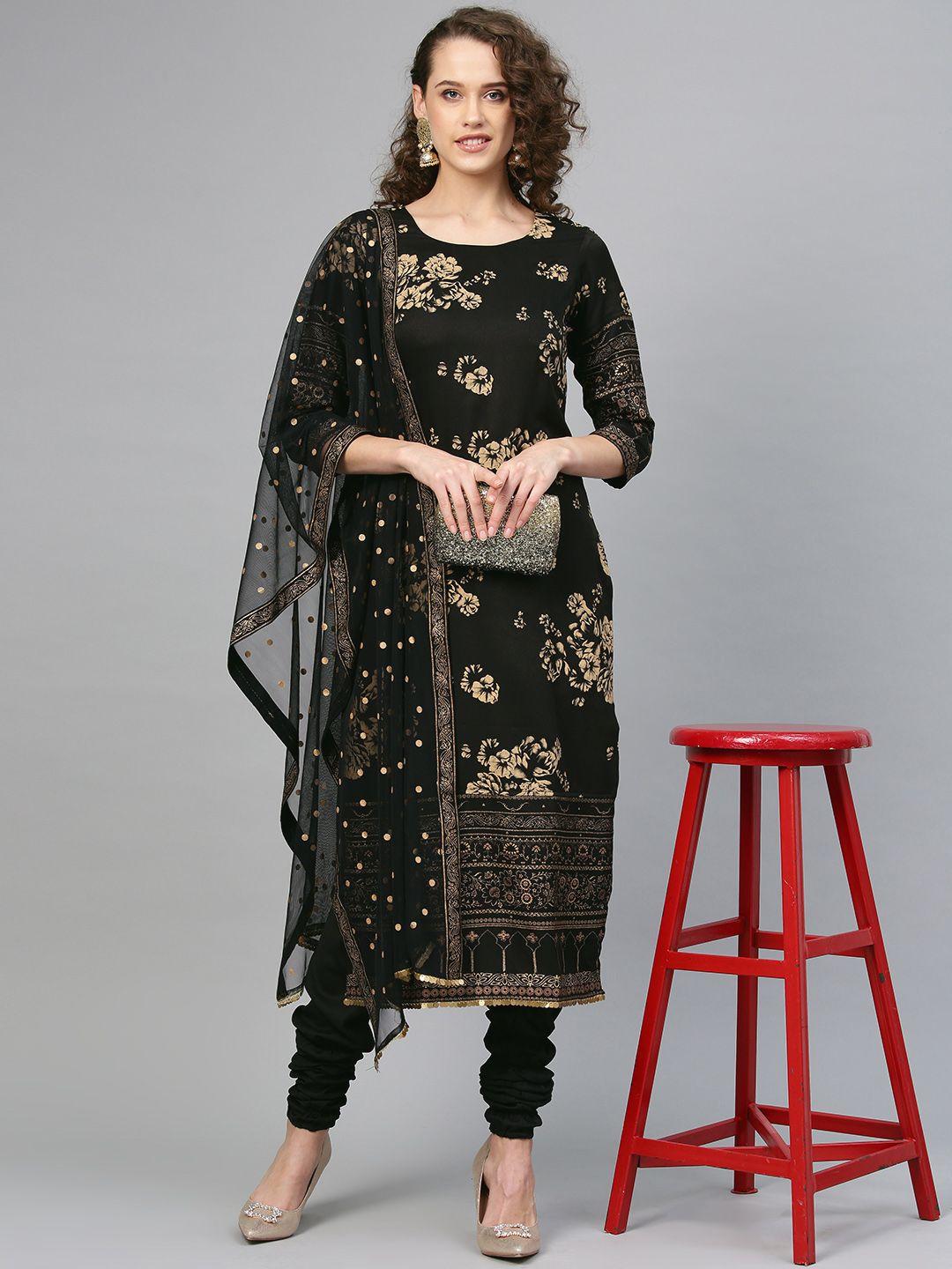 ahalyaa women black & golden printed kurta with churidar & dupatta