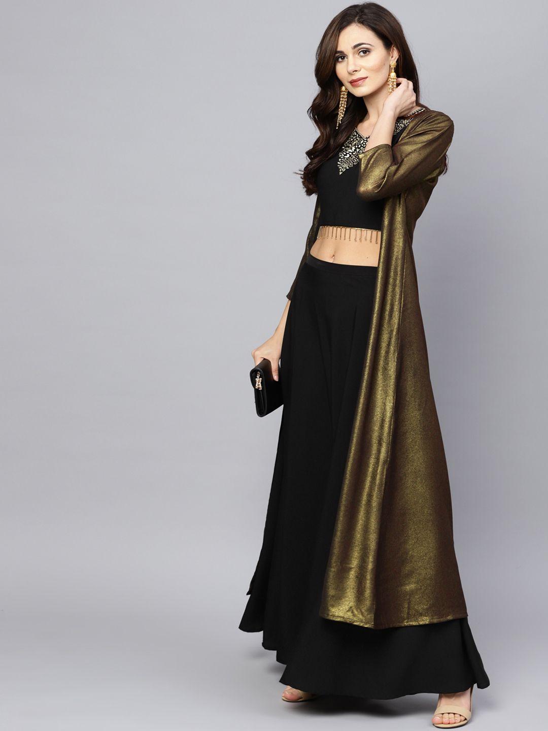 ahalyaa women black & golden solid top with skirt & ethnic jacket