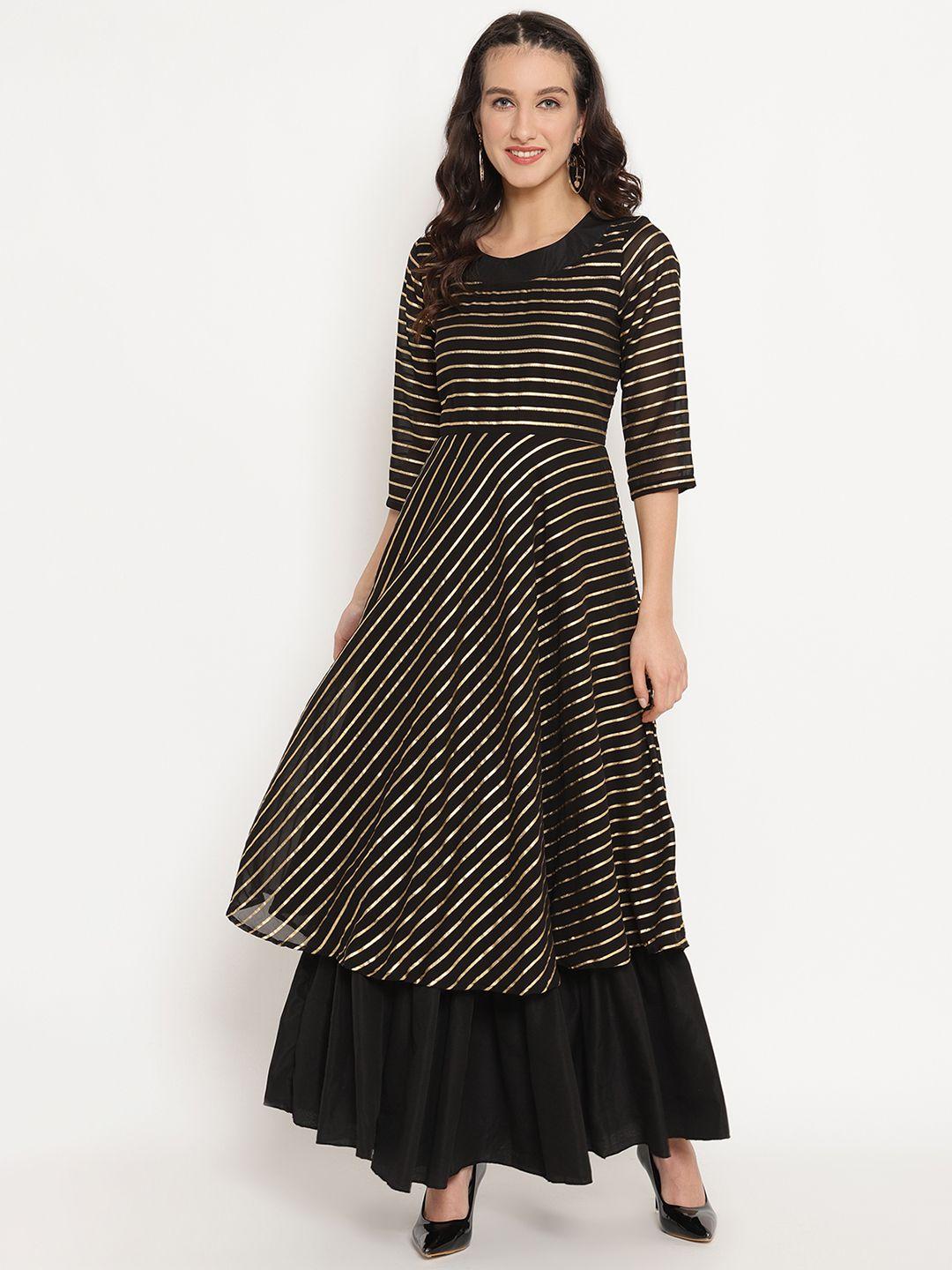 ahalyaa women black & golden striped layered maxi dress