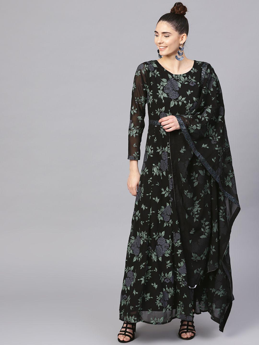 ahalyaa women black & green printed maxi dress with dupatta