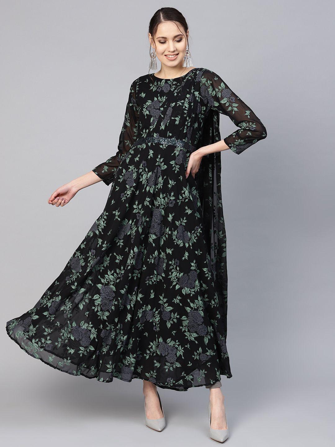 ahalyaa women black & green printed maxi dress