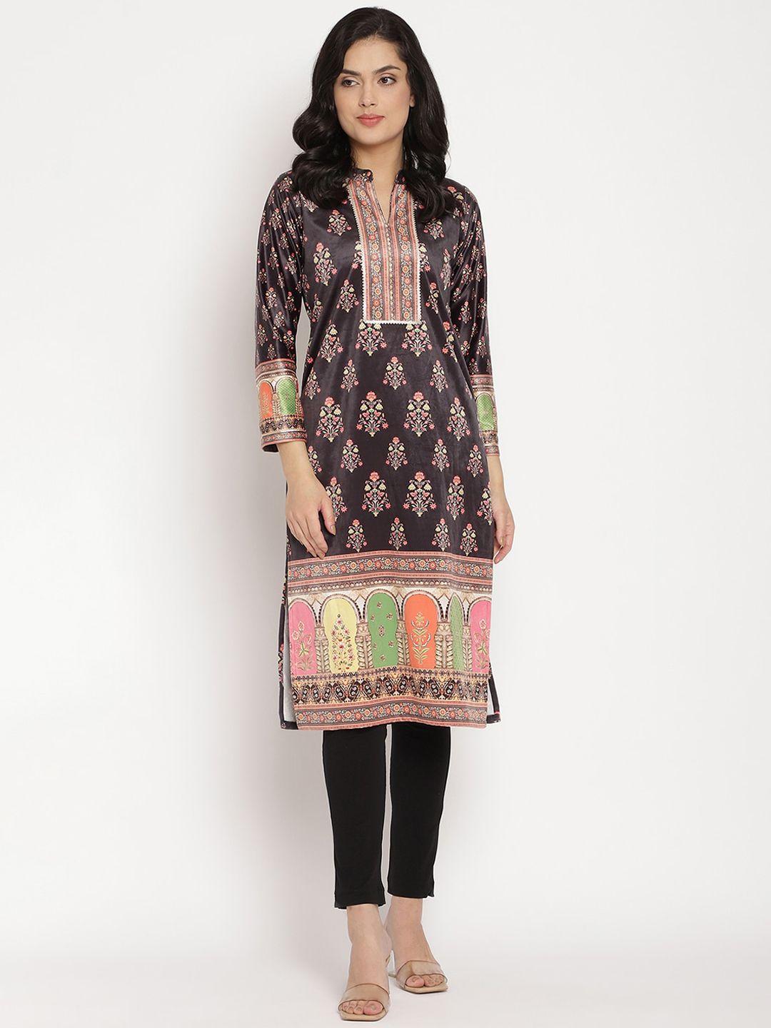 ahalyaa women black & peach ethnic motifs printed velvet kurta