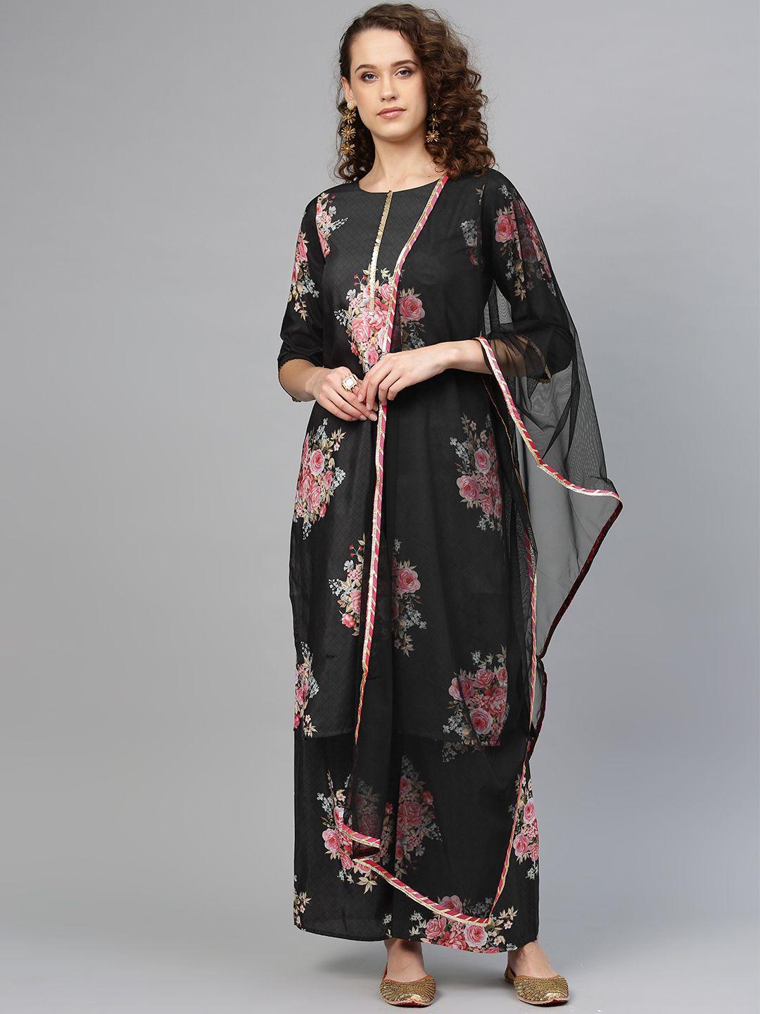 ahalyaa women black & pink printed kurta with palazzos & dupatta