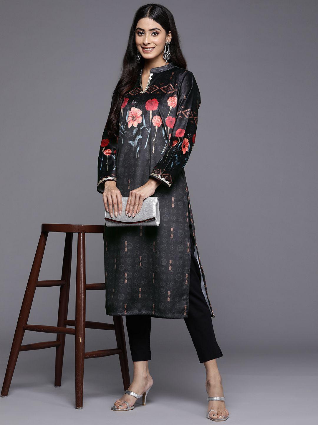 ahalyaa women black & red floral printed gotta patti floral velvet kurta