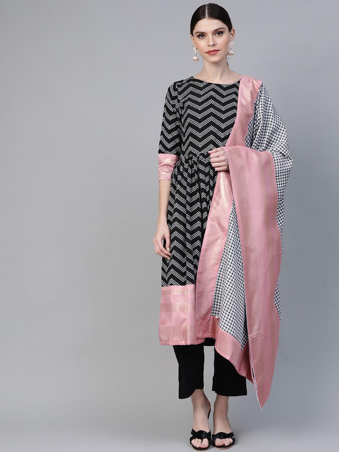 ahalyaa women black & white polka dots chevron khari printed kurta with trousers & dupatta