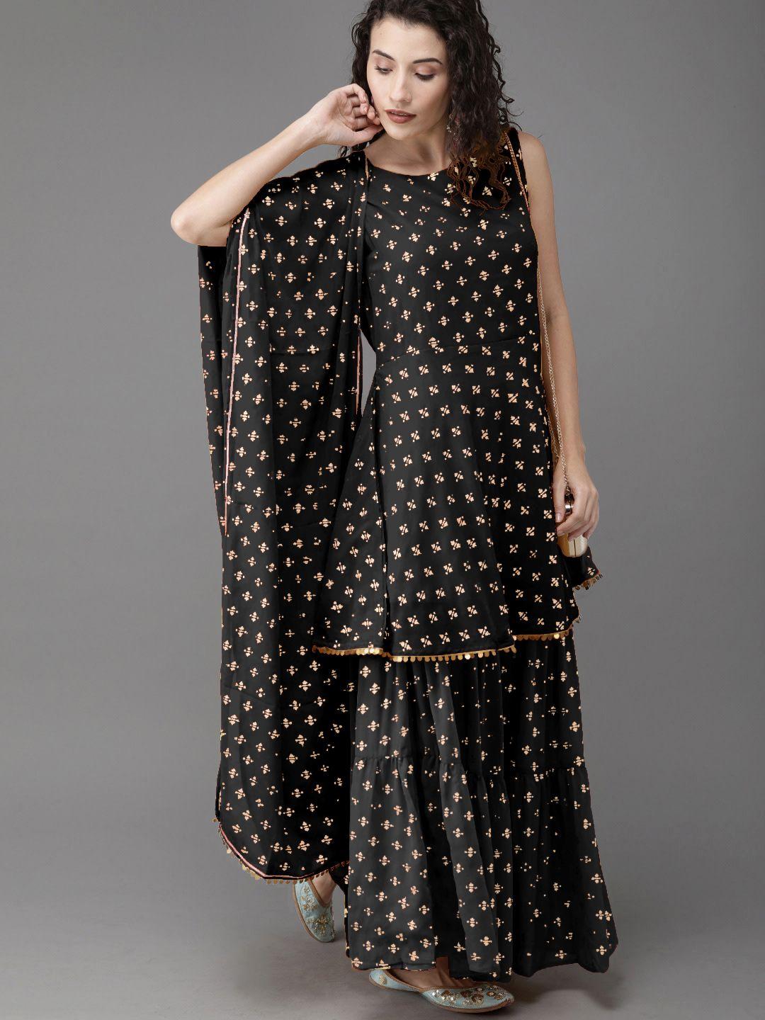 ahalyaa women black ethnic motifs printed empire kurta with sharara & with dupatta