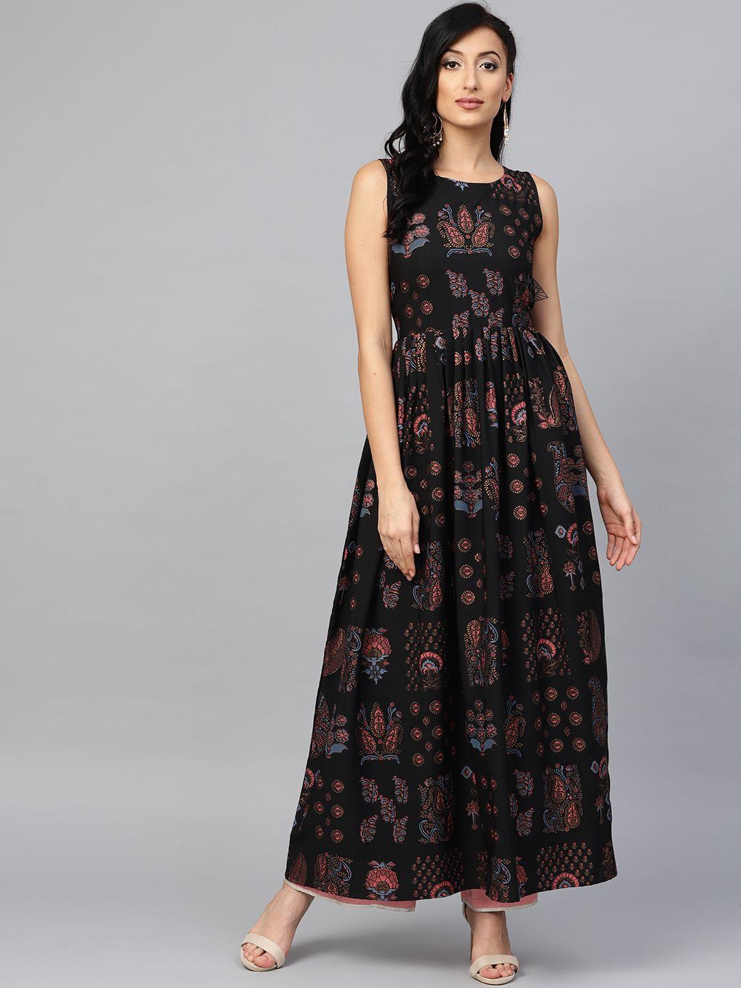 ahalyaa women black pink printed a-line dress