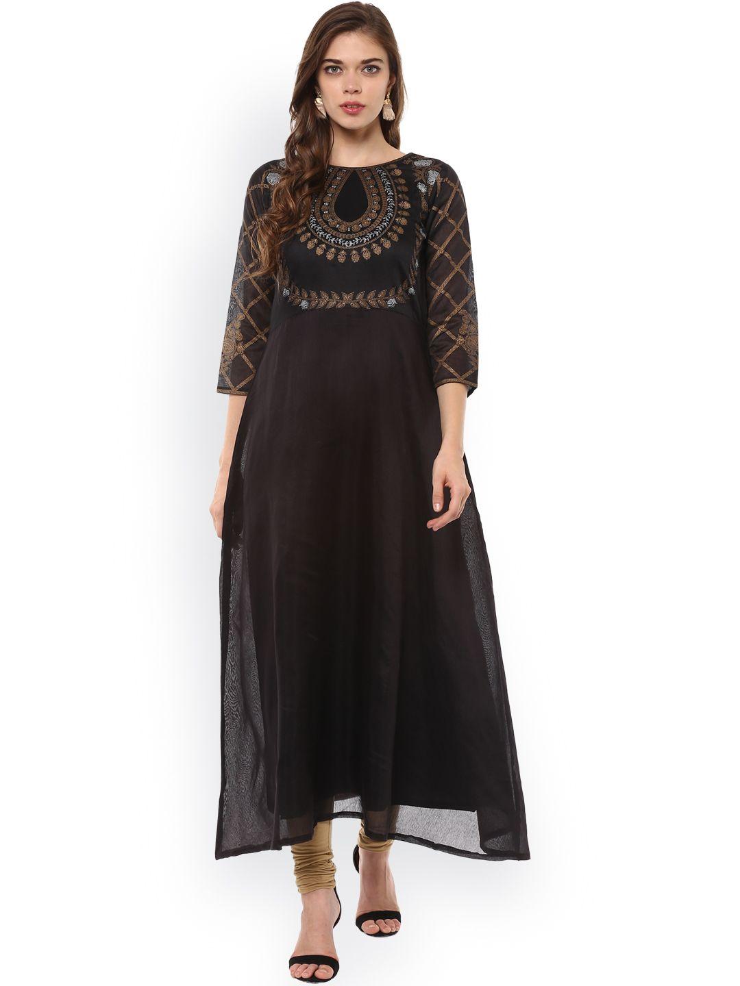 ahalyaa women black printed a-line kurta