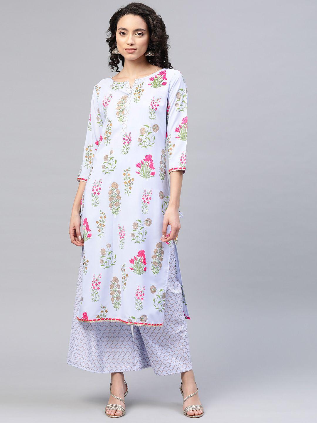 ahalyaa women blue & pink floral print kurta with palazzos