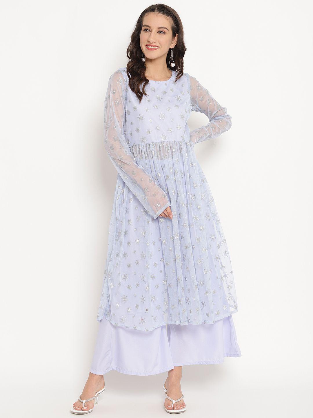 ahalyaa women blue & silver printed a-line kurta with palazzos