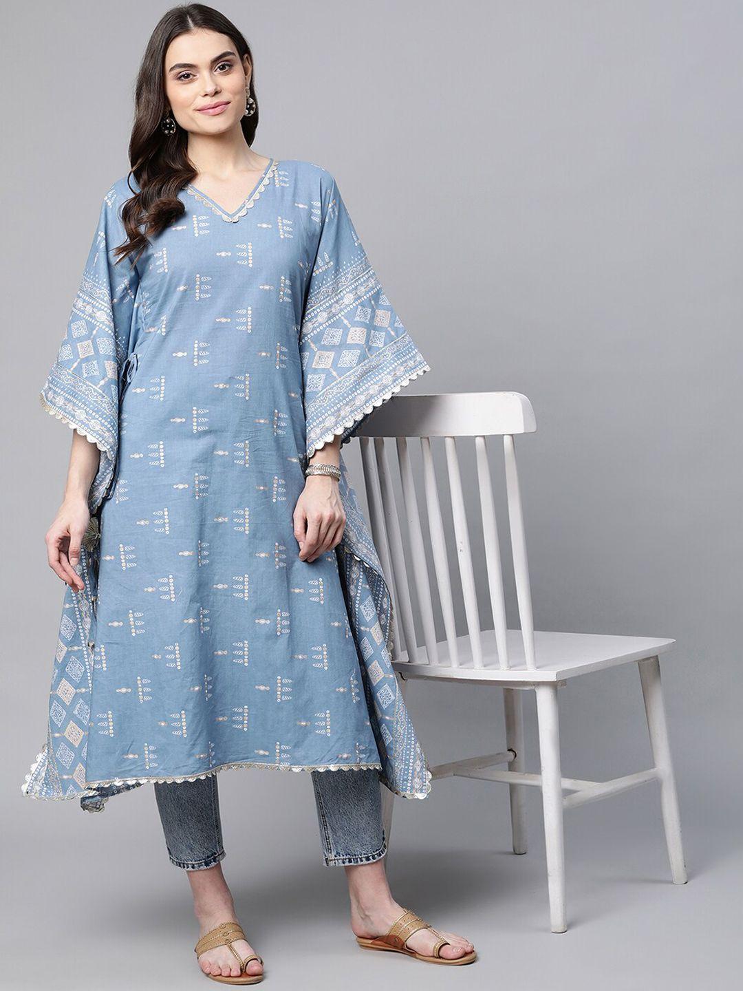 ahalyaa women blue & white ethnic motifs screen printed cotton kaftan kurta