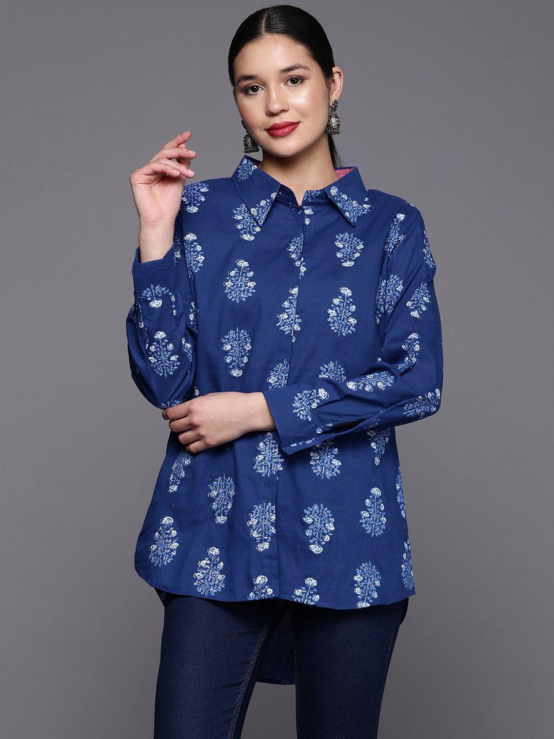 ahalyaa women blue & white shirt collar printed pure cotton tunic