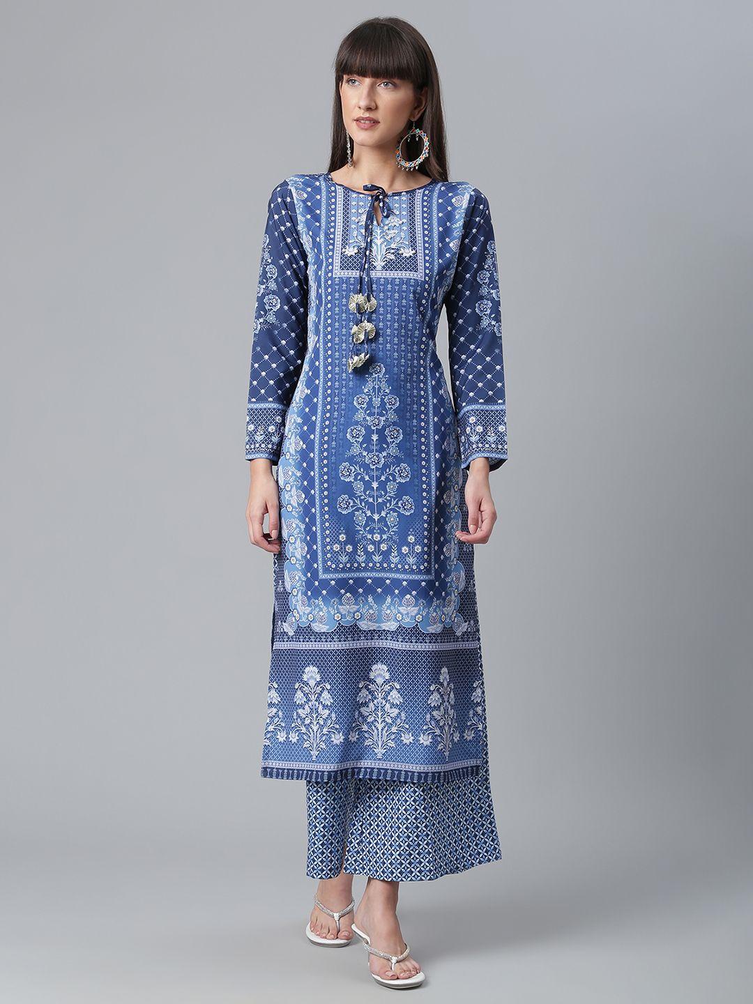 ahalyaa women blue ethnic motifs printed regular kurta with palazzos