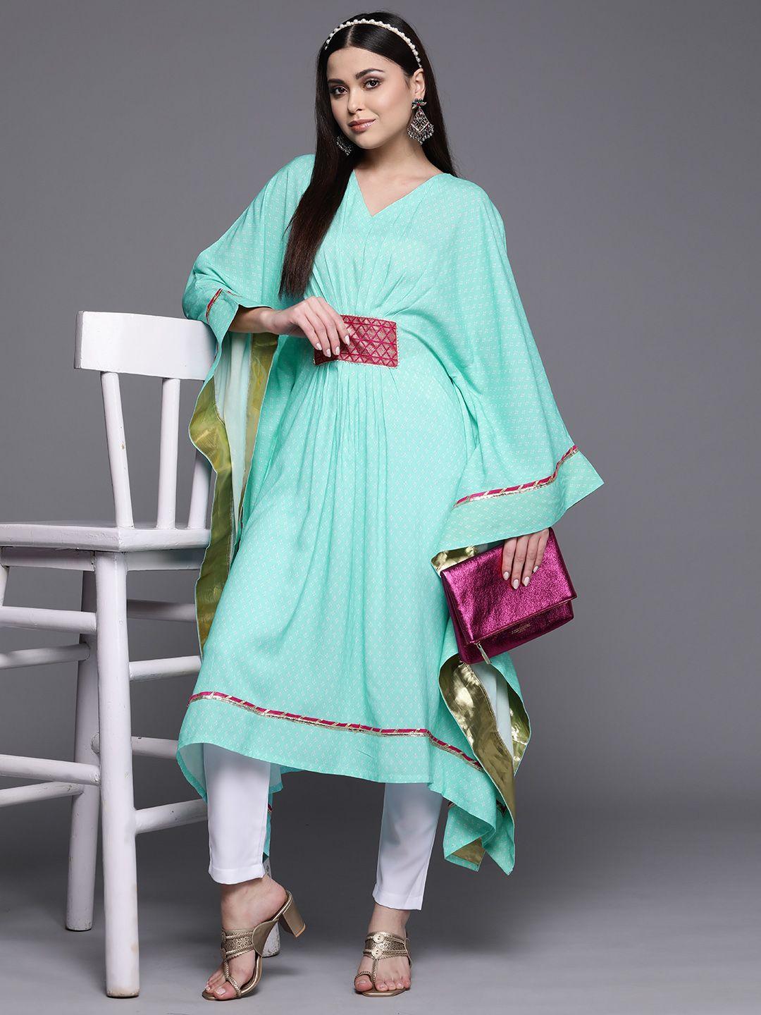 ahalyaa women blue flared sleeves gotta patti kaftan kurta