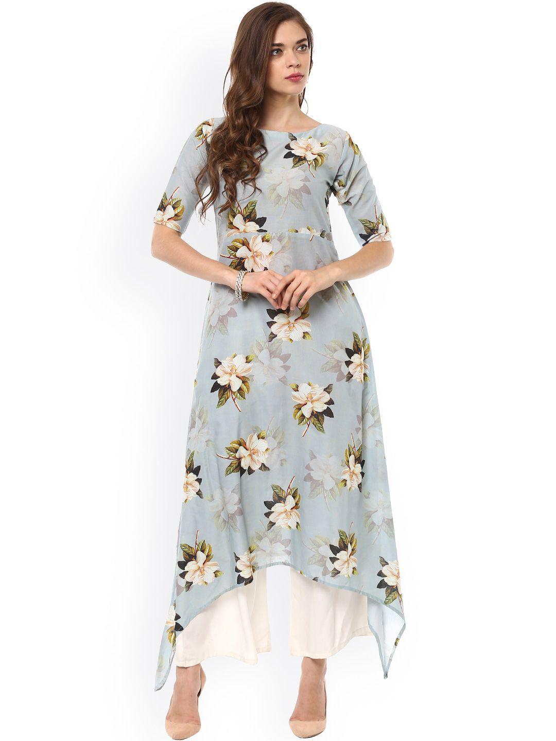ahalyaa women blue floral print asymmetric a-line cotton kurta