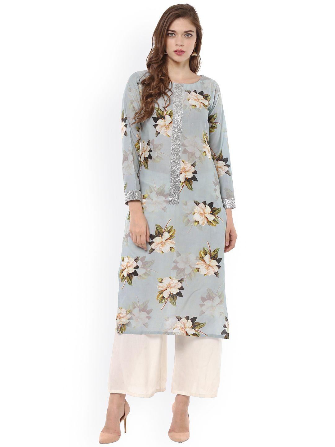 ahalyaa women blue floral printed straight cotton kurta