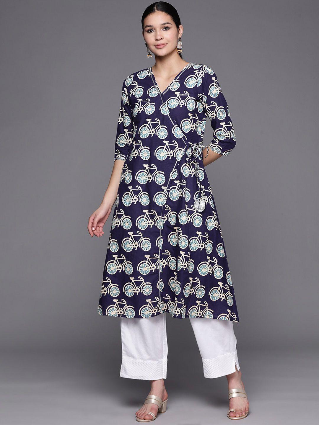 ahalyaa women blue pure cotton  quirky printed indigo kurta