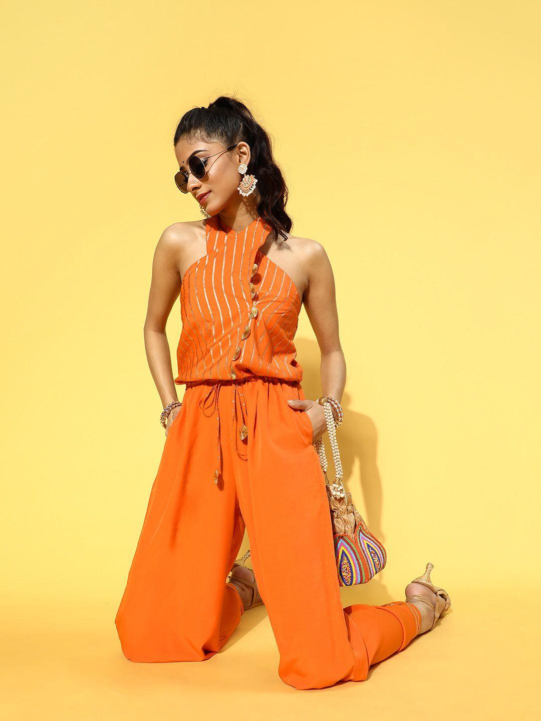 ahalyaa women bright orange printed elevated jumpsuit