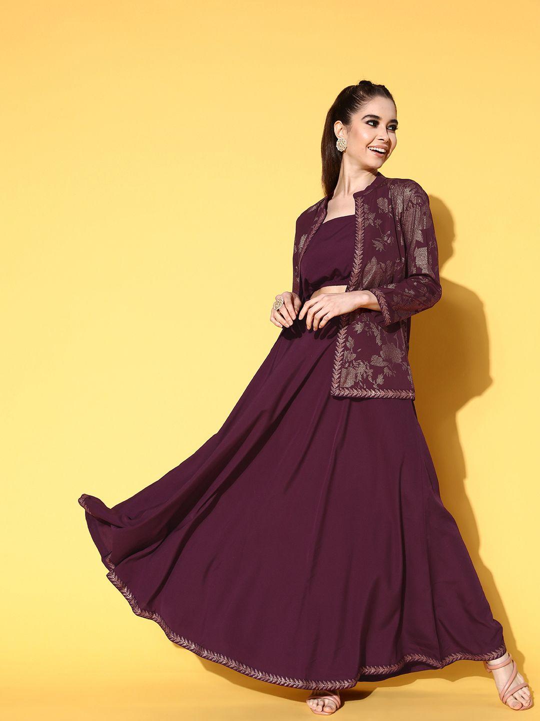 ahalyaa women burgundy top with skirt & with jacket