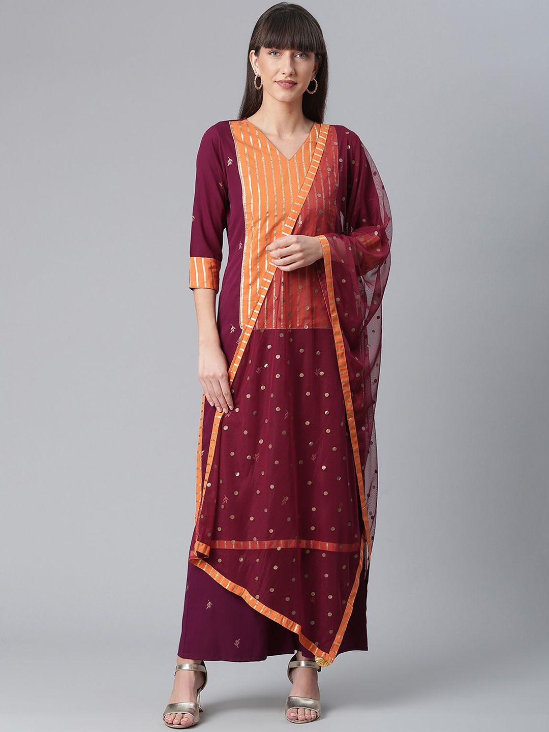 ahalyaa women burgundy yoke design printed kurta with palazzos & dupatta