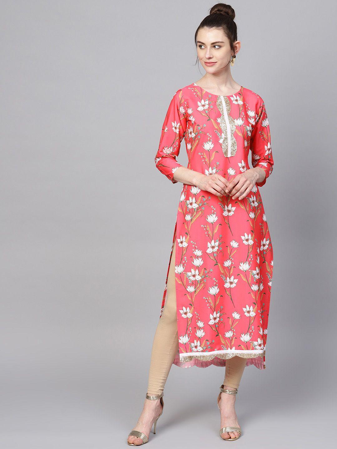 ahalyaa women coral pink printed straight kurta