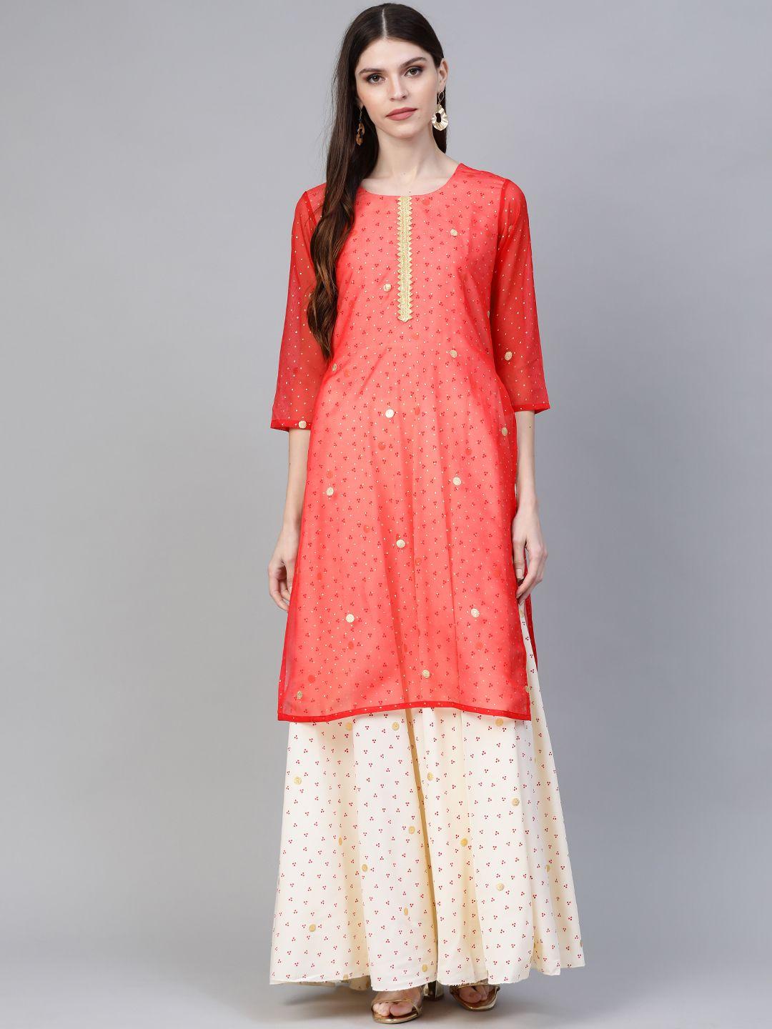 ahalyaa women cream-coloured & red bandhani foil printed layered maxi dress