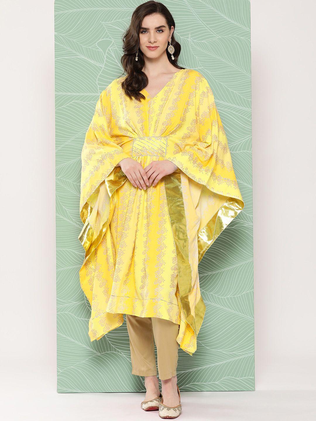 ahalyaa women ethnic motifs printed flared sleeves gotta patti kaftan kurta