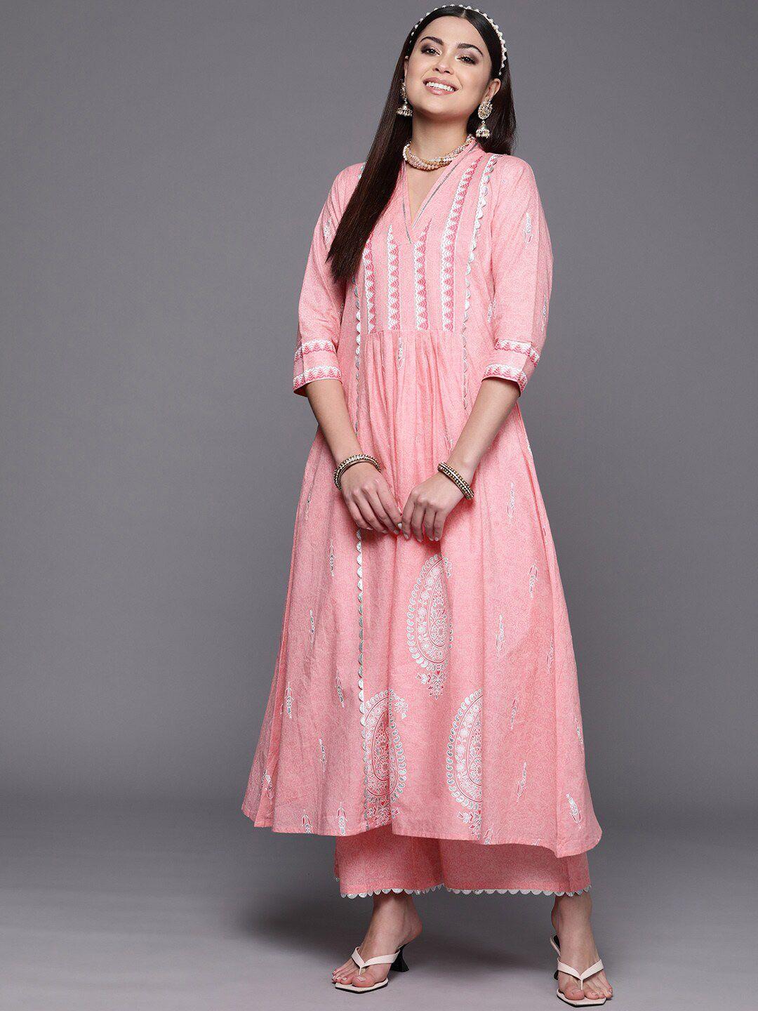ahalyaa women ethnic motifs printed pleated pure cotton kurta with palazzos