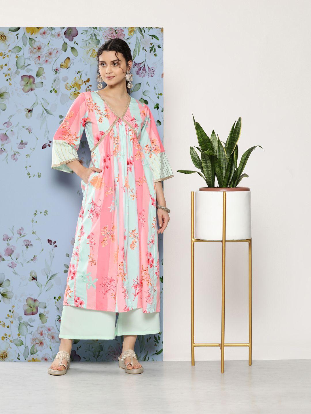 ahalyaa women floral printed pleated gotta patti kurta with palazzos