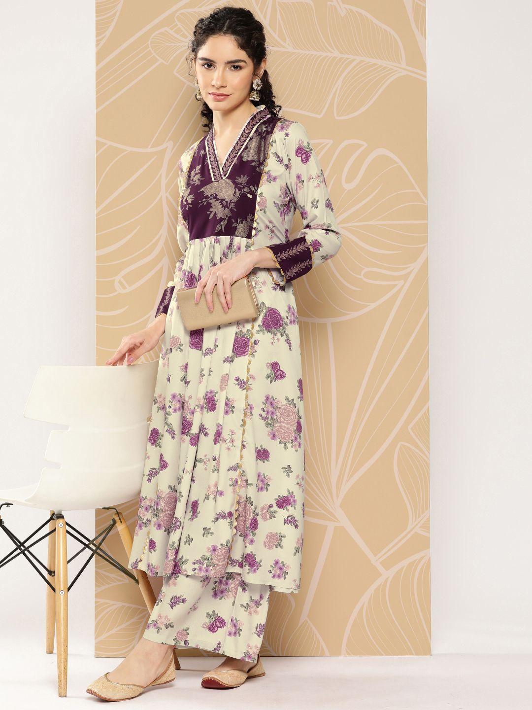 ahalyaa women floral printed pleated gotta patti kurta with palazzos