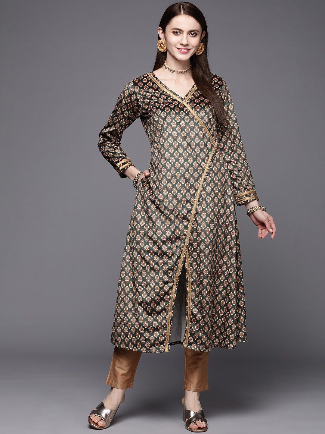 ahalyaa women green & cream-coloured floral printed velvet kurta