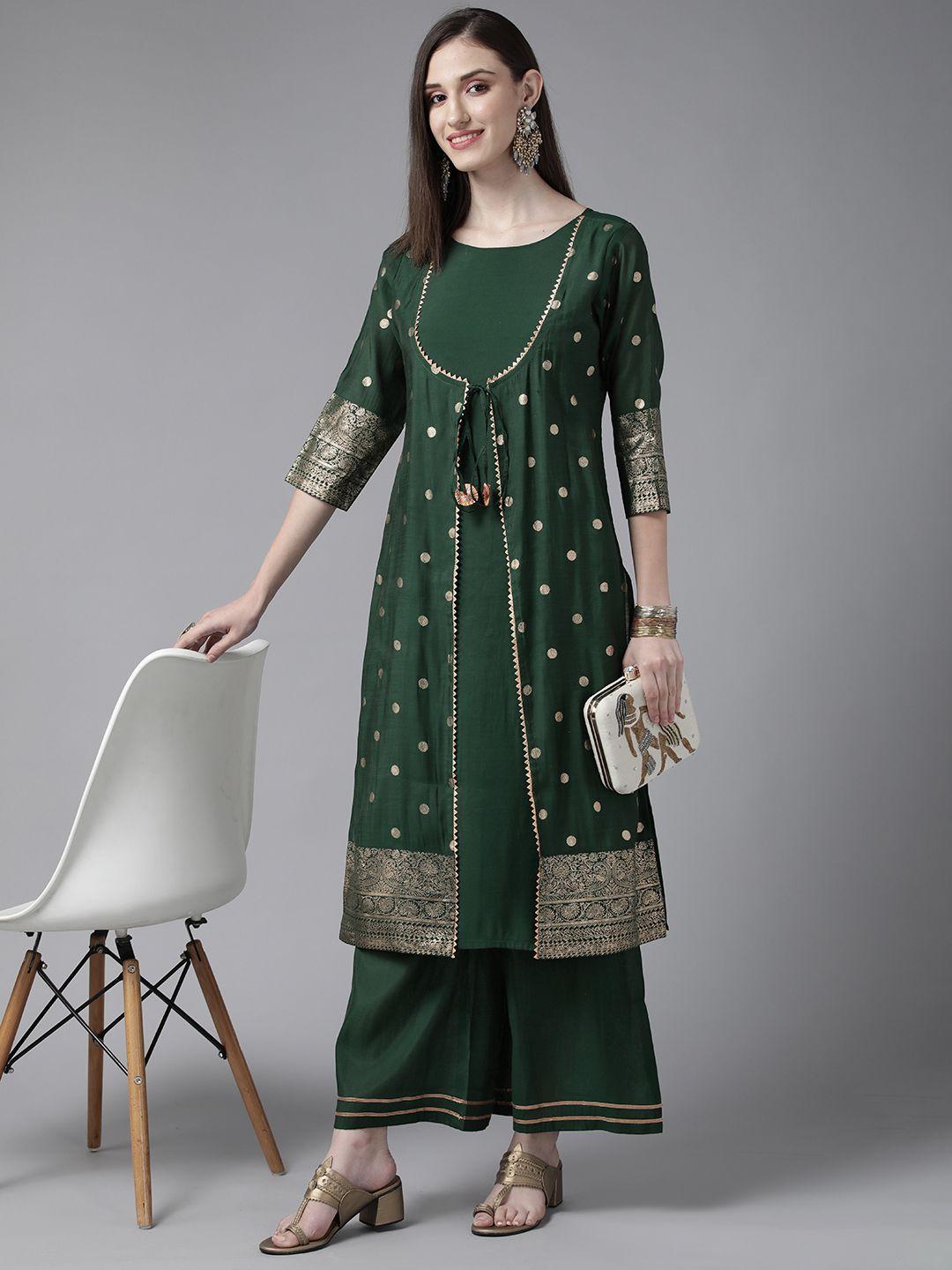 ahalyaa women green & golden printed gotta patti chanderi silk kurta with palazzos