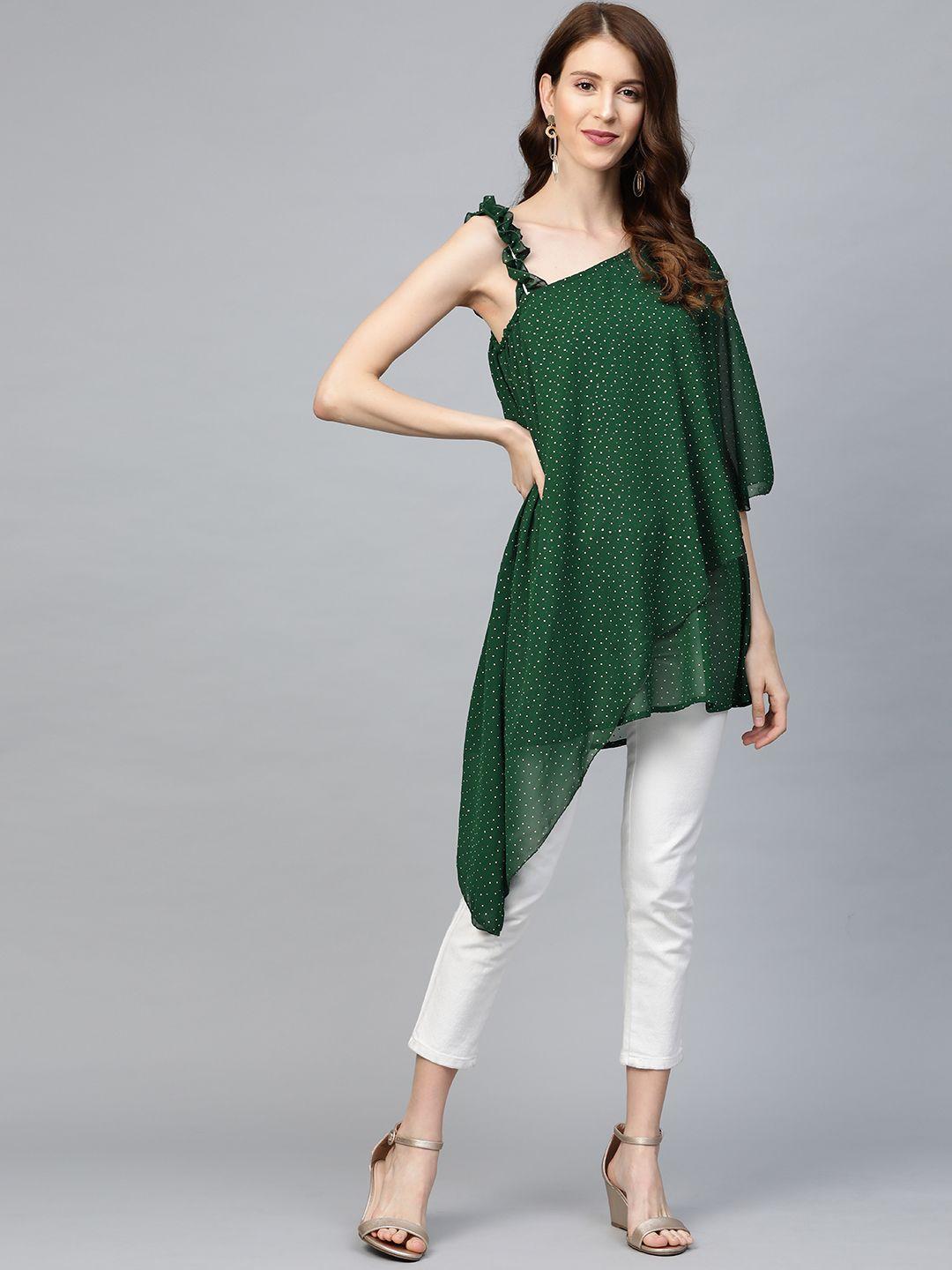 ahalyaa women green & golden printed one sleeve asymmetric layered tunic