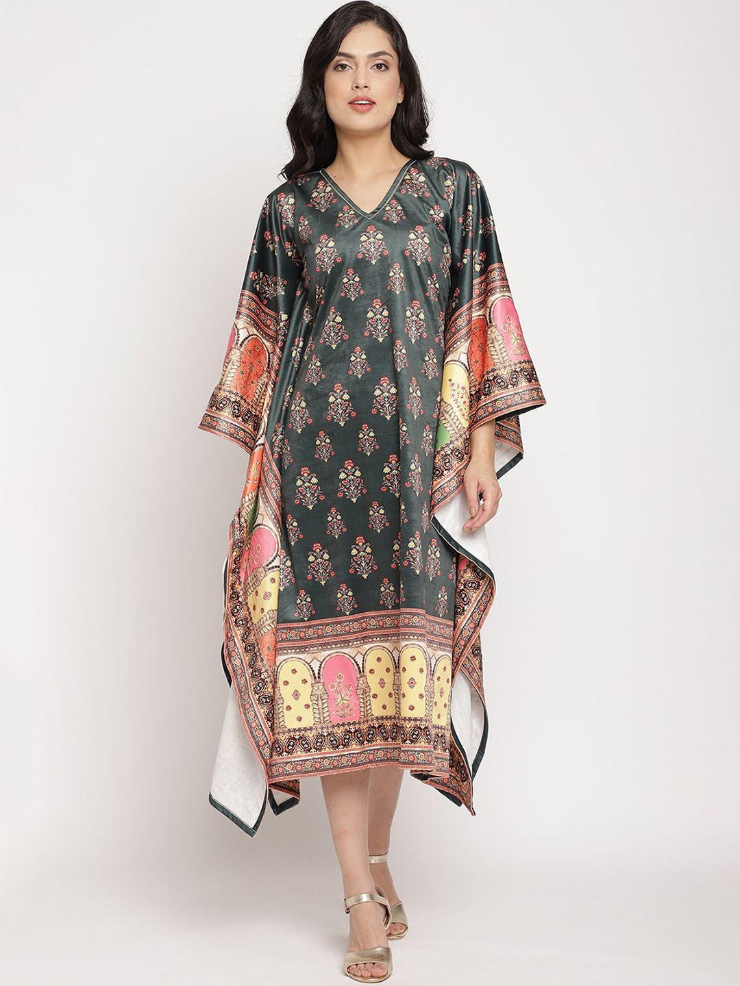 ahalyaa women green & multicoloured ethnic motifs printed flared sleeves velvet kaftan kurta