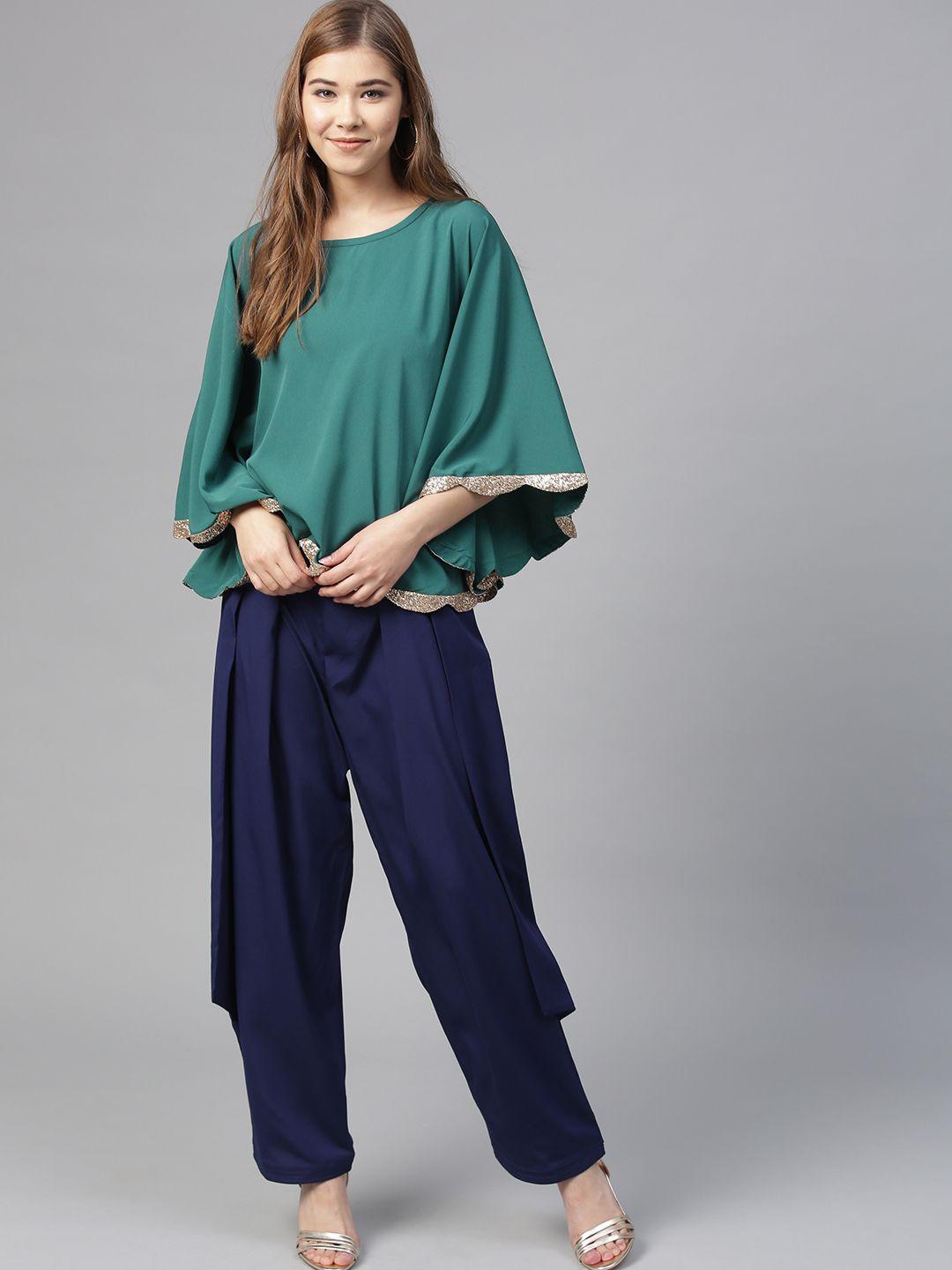 ahalyaa women green & navy blue solid top with trousers