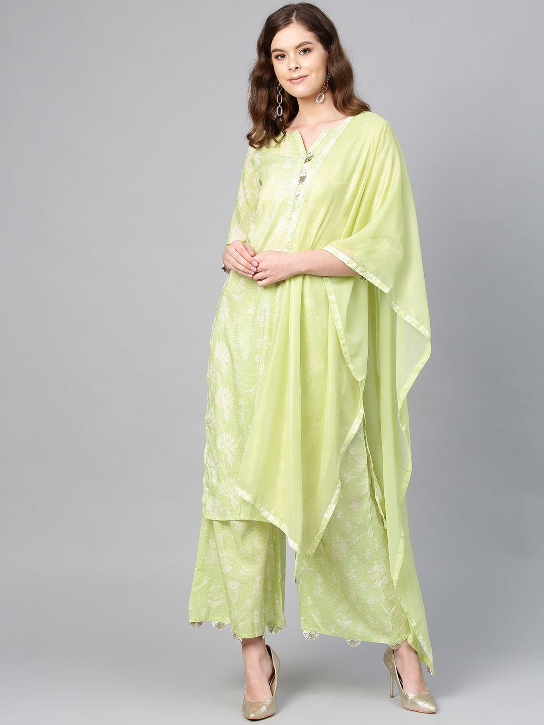 ahalyaa women green & white printed kurta with palazzos & dupatta