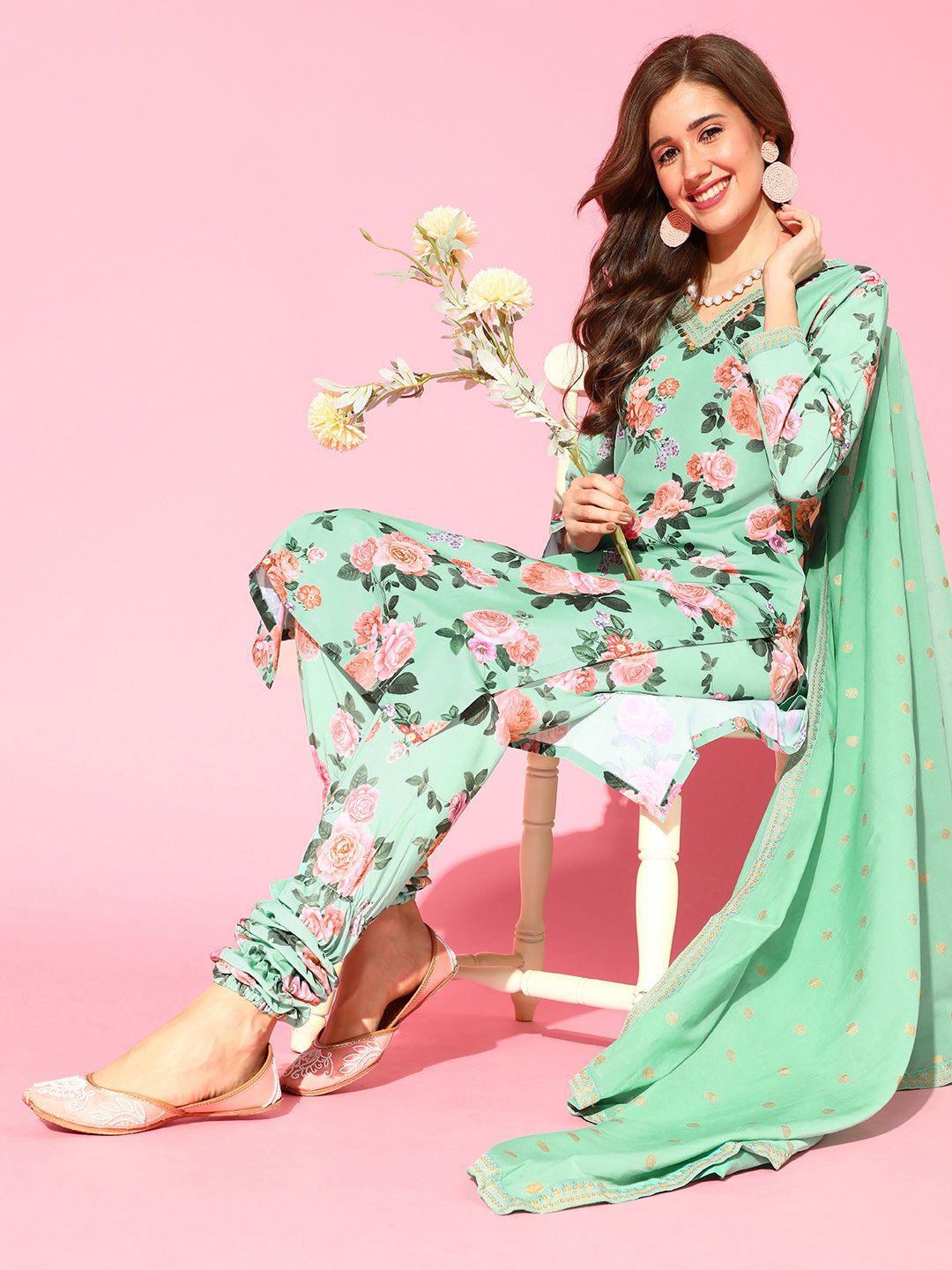 ahalyaa women green floral printed regular kurta with churidar & with dupatta