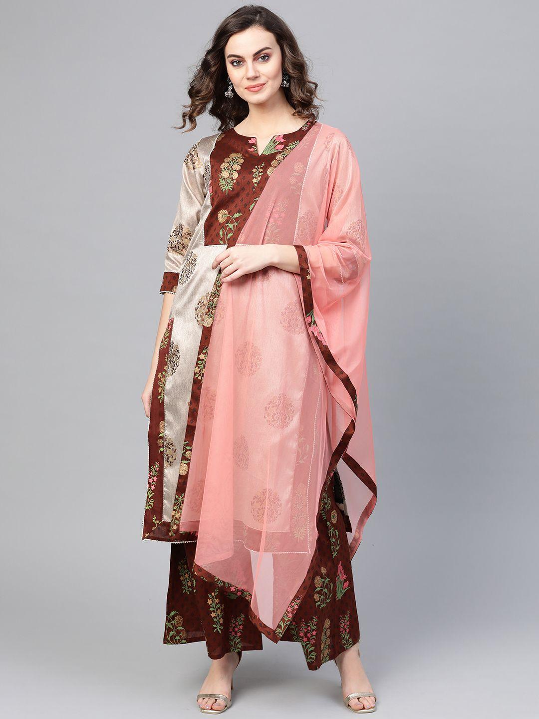 ahalyaa women grey & coffee brown printed kurta with palazzos & dupatta