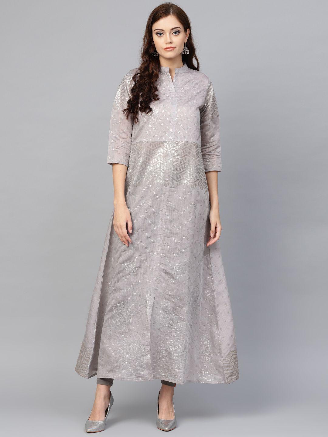 ahalyaa women grey & silver printed a-line kurta