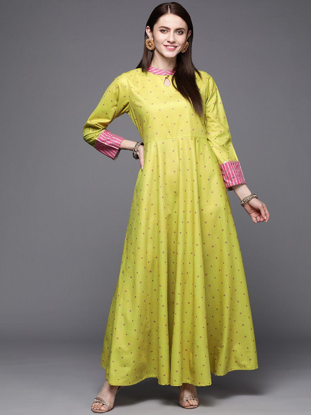 ahalyaa women lime yellow & pink velvet printed pleated a-line maxi ethnic dress