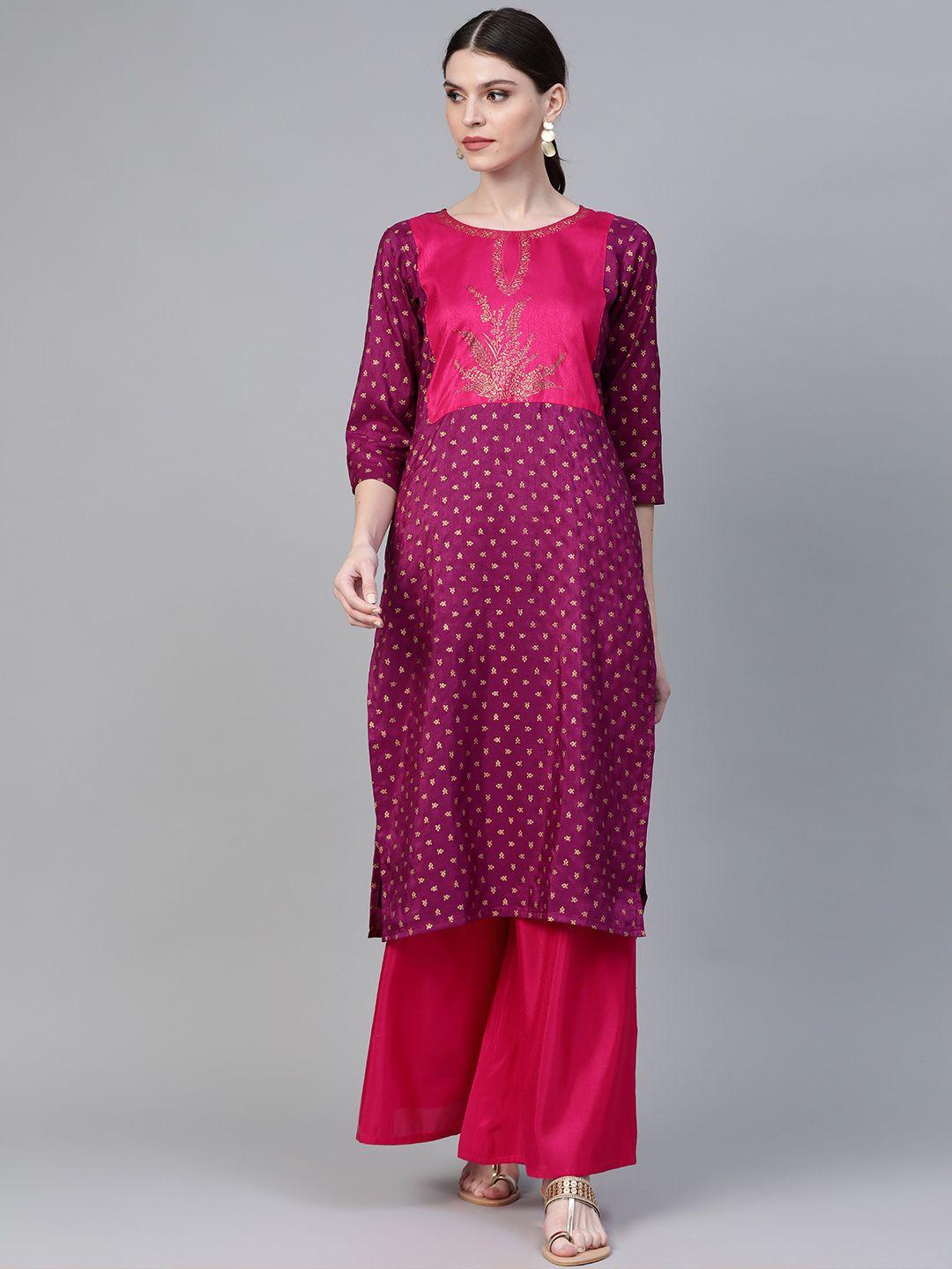 ahalyaa women magenta & pink screen printed kurta with palazzos