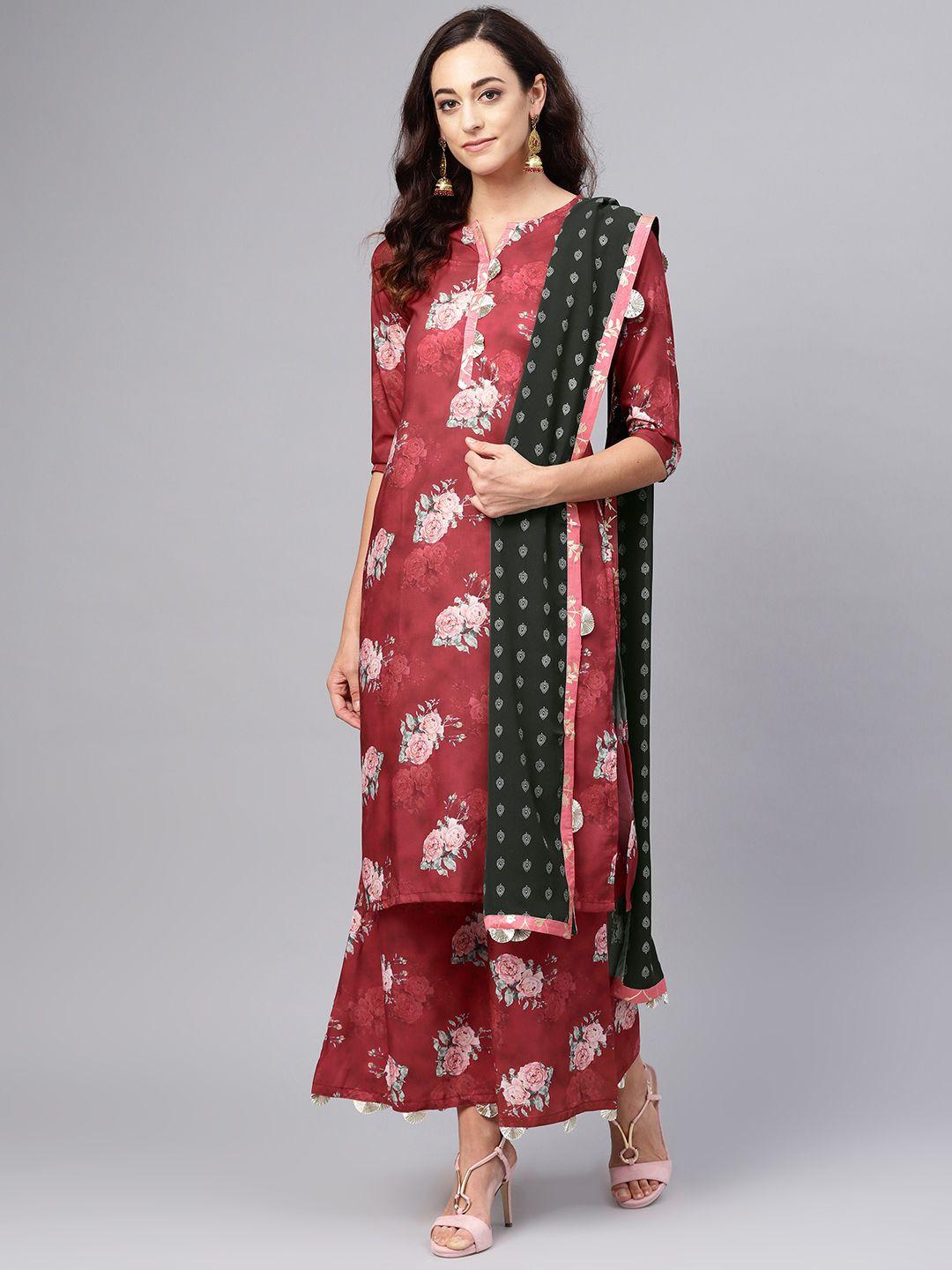 ahalyaa women maroon printed kurta with palazzos & dupatta