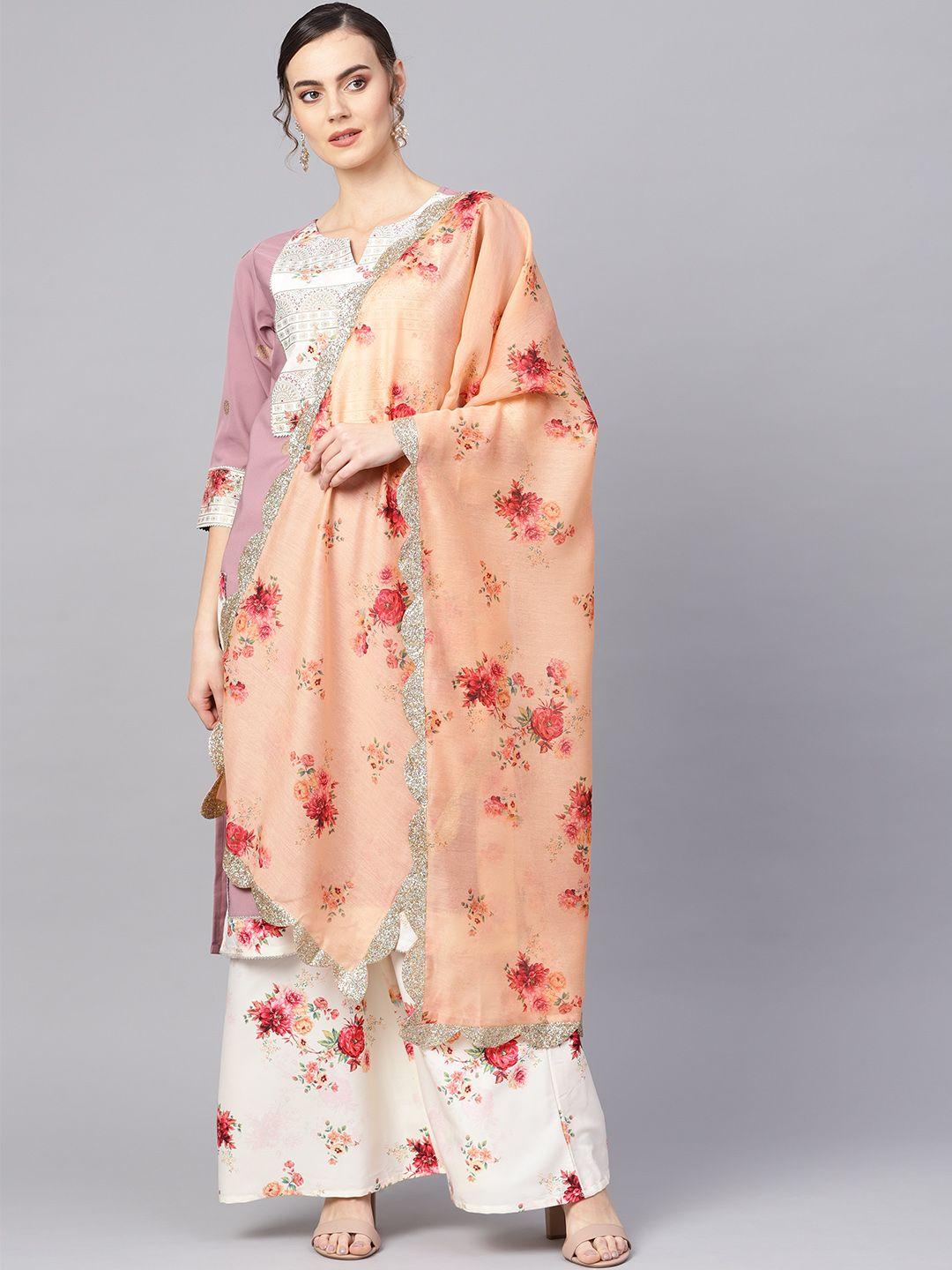 ahalyaa women mauve & cream-coloured printed kurta with palazzos & dupatta