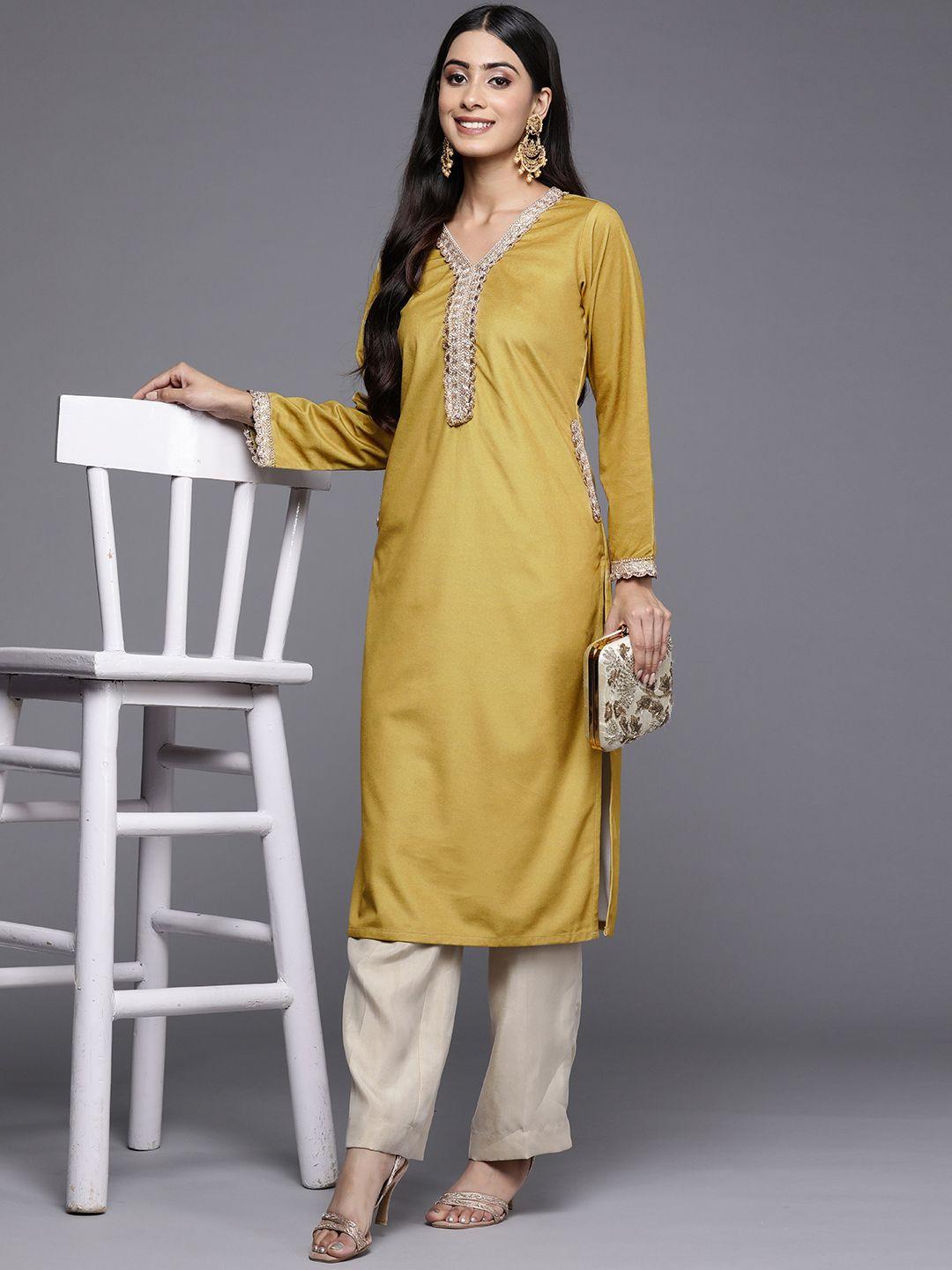 ahalyaa women mustard yellow & golden ethnic motifs yoke design velvet kurta