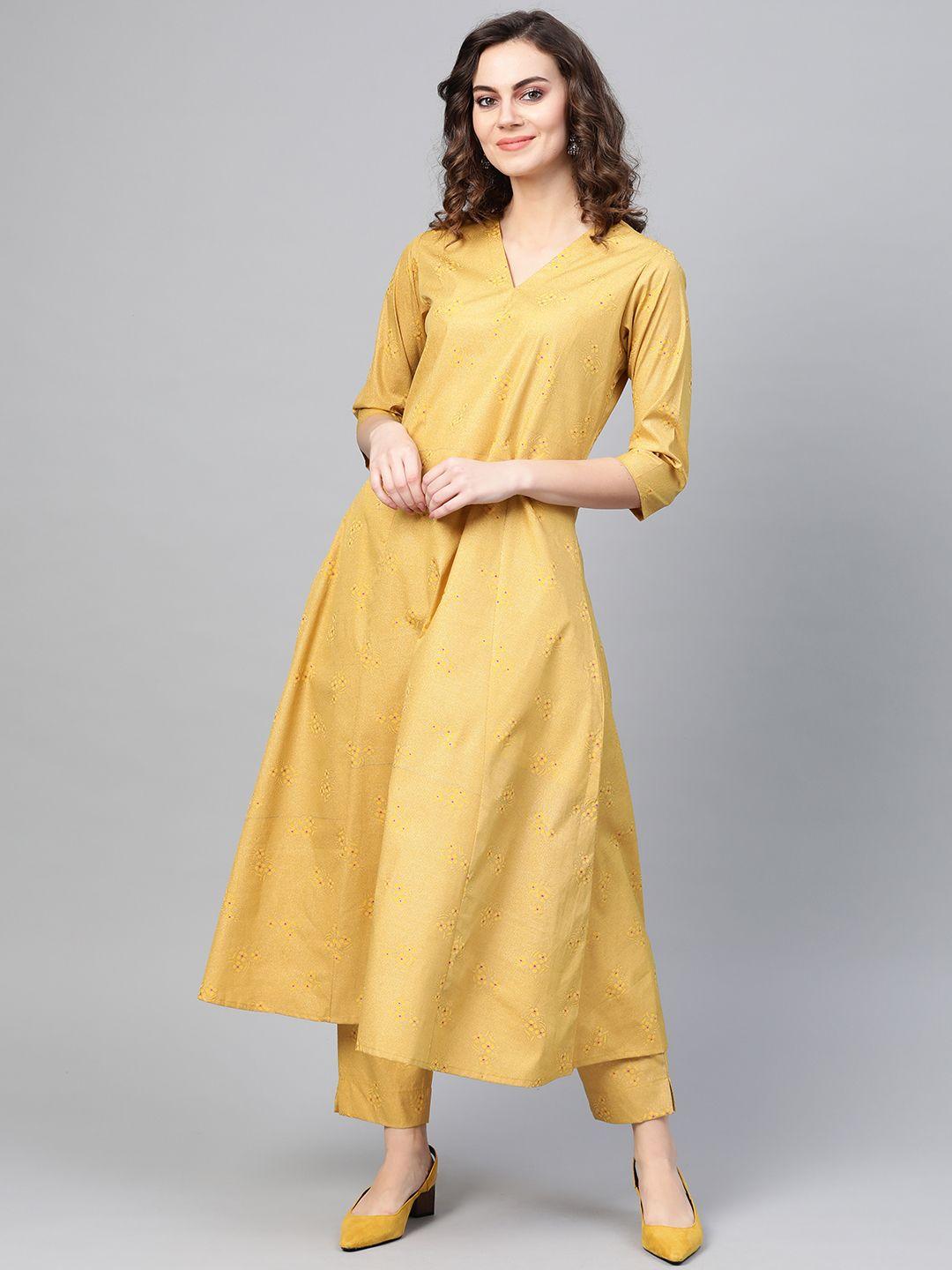 ahalyaa women mustard yellow & golden printed kurta with trousers