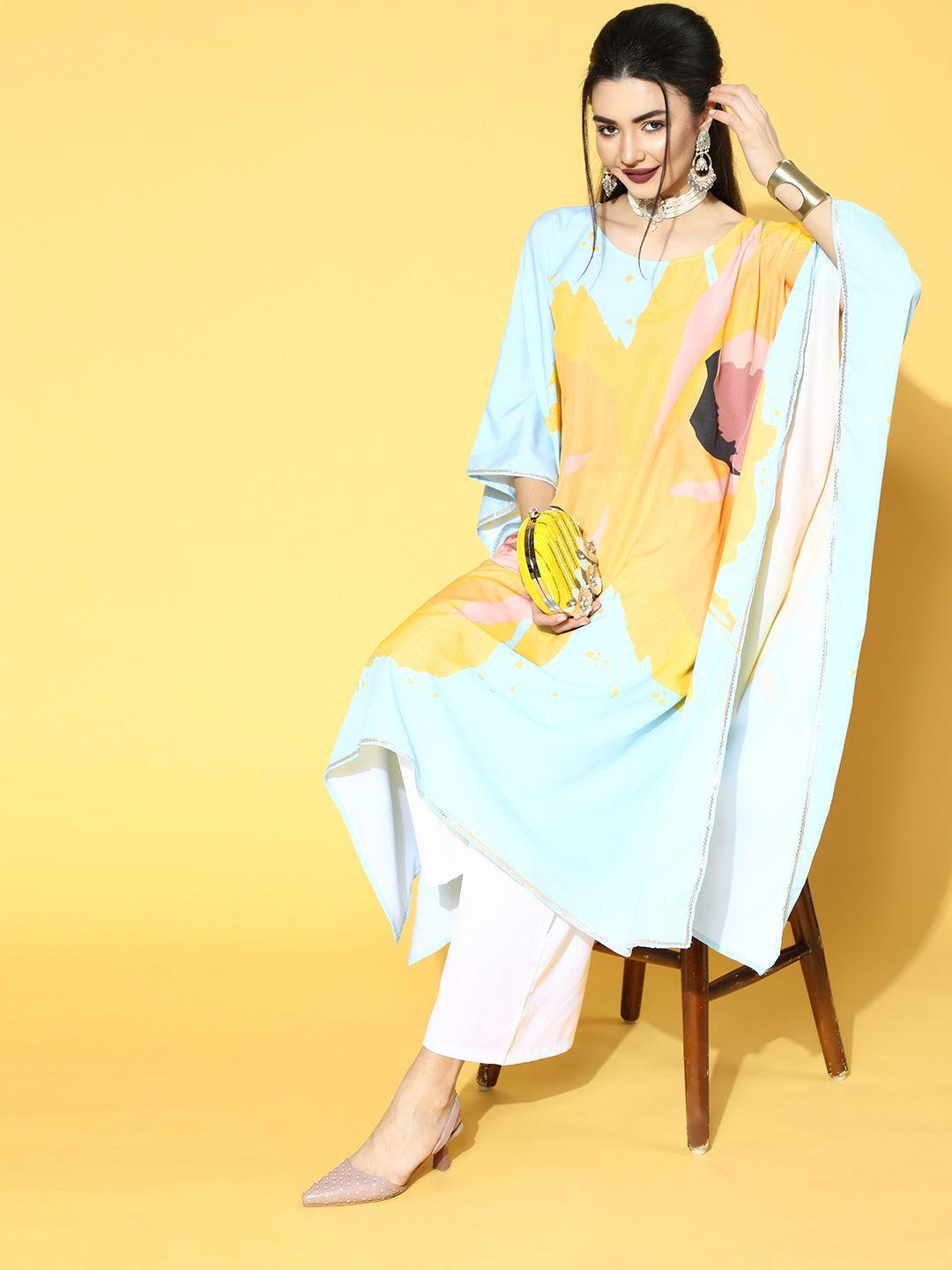 ahalyaa women mustard yellow printed kaftan kurta with palazzos