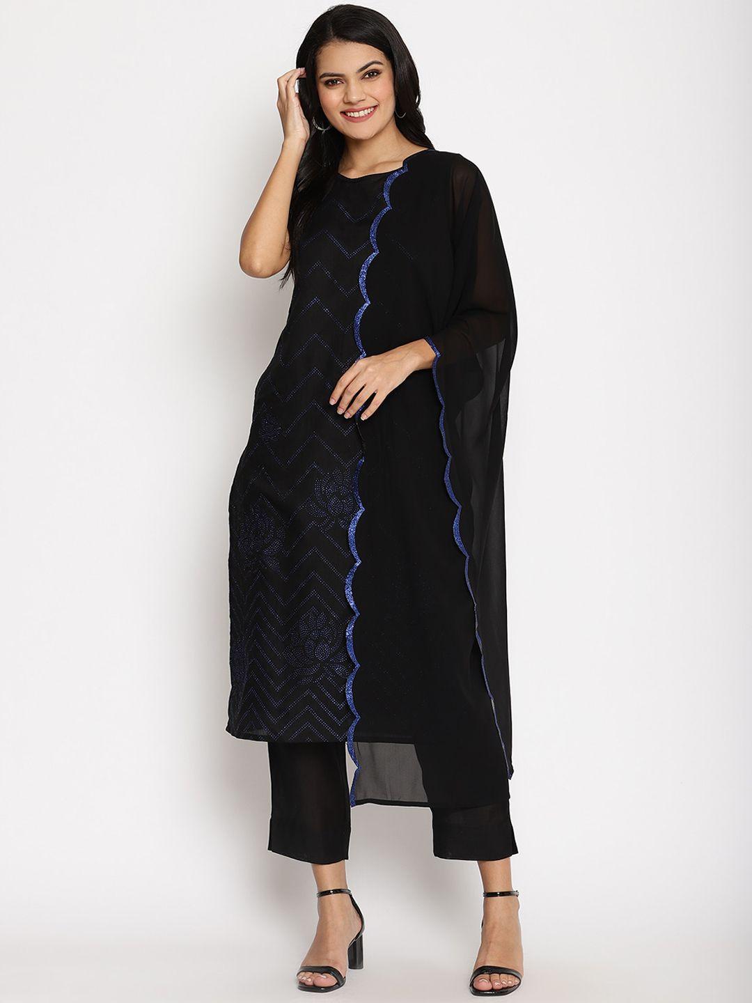ahalyaa women navy blue regular chanderi silk kurta with trousers & with dupatta