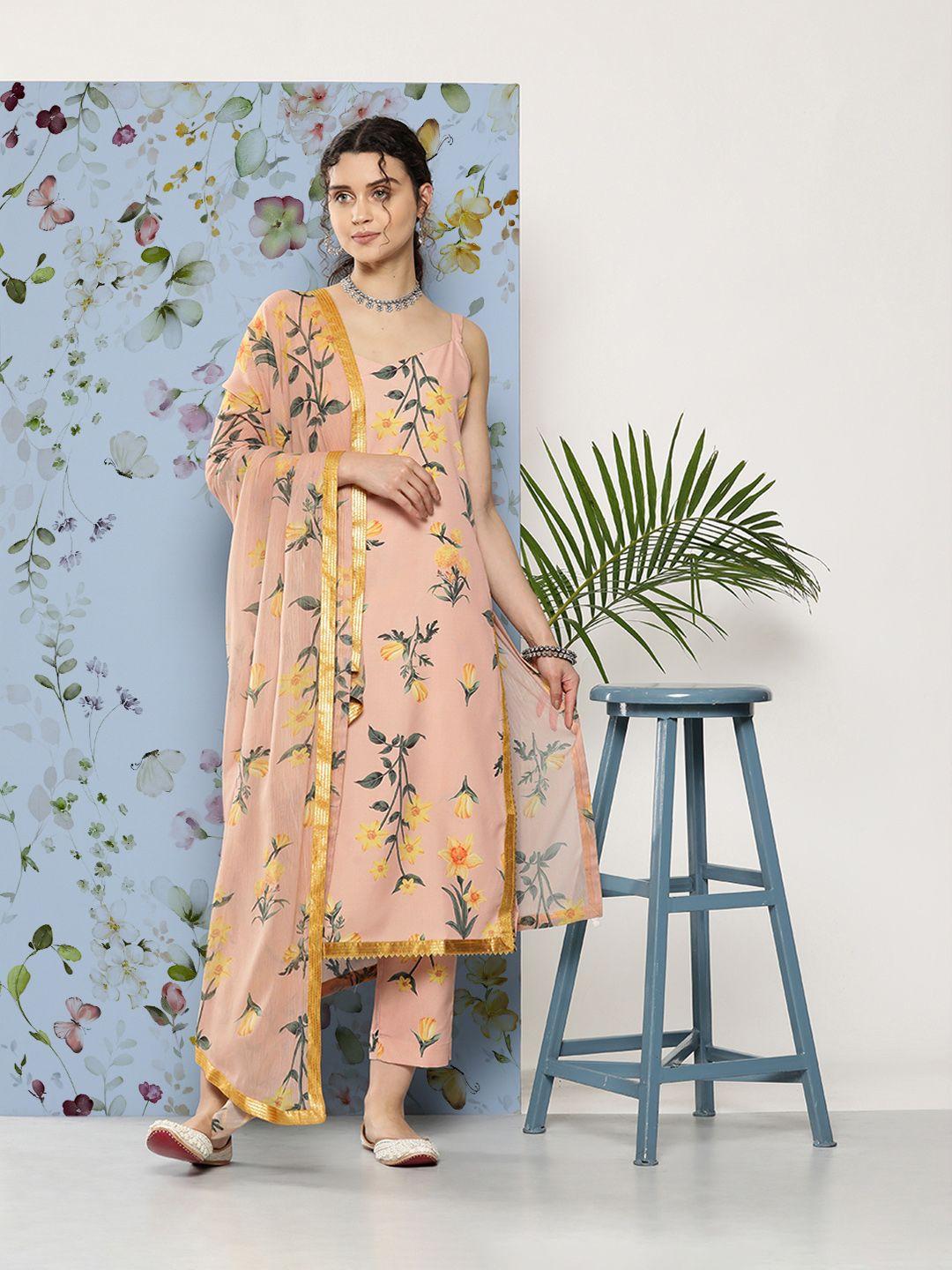 ahalyaa women nude-coloured floral printed gotta patti kurta with trousers & with dupatta