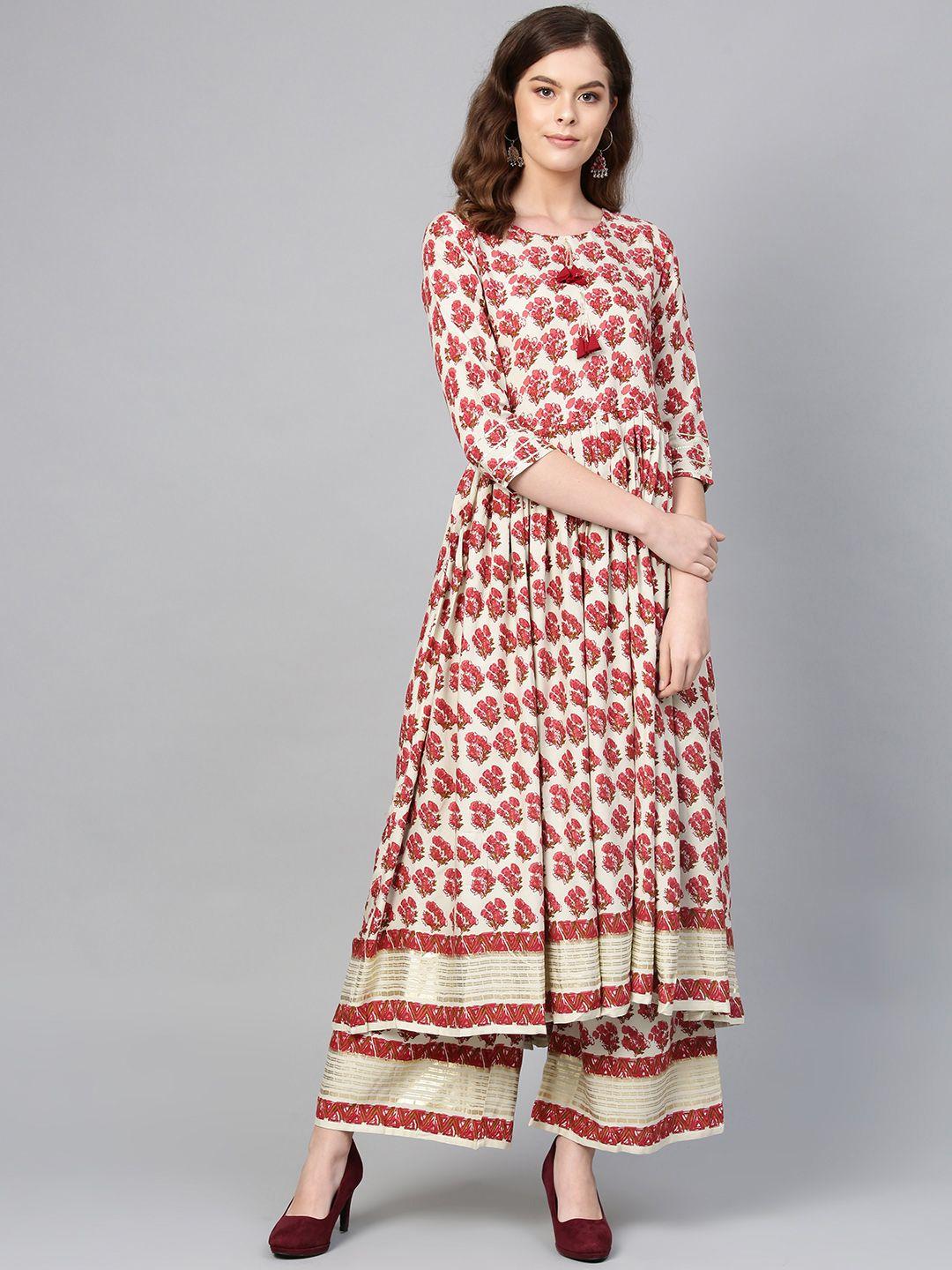 ahalyaa women off-white & maroon printed kurta with palazzos