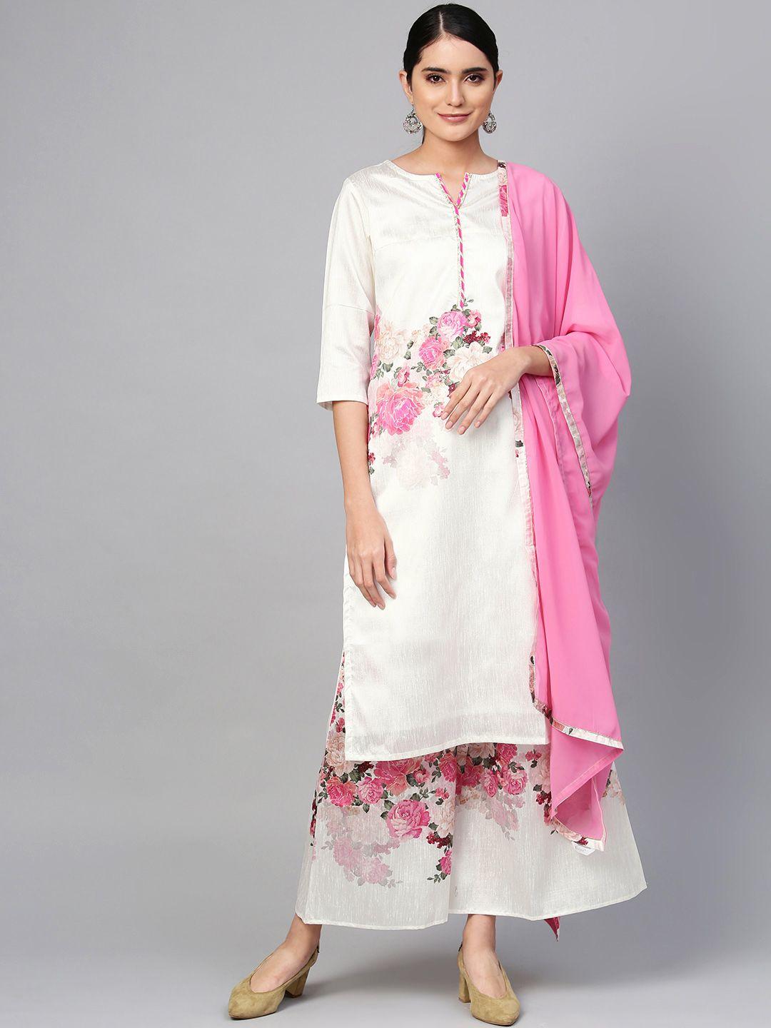 ahalyaa women off-white & pink printed kurta with palazzos & dupatta